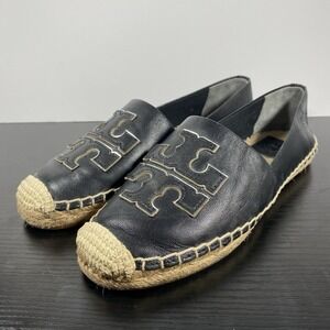 Tory Burch Ines Espadrille Black Leather Boho Big Logo Size Womens 6.5